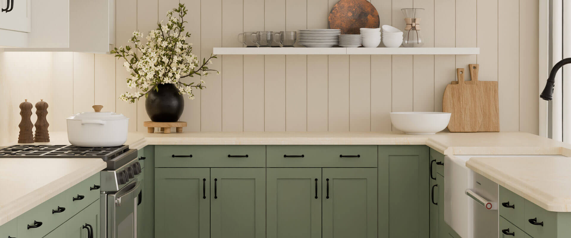 Mahal Mist Countertop Paired With Klearvue's Halmstad Sage Green Cabinets